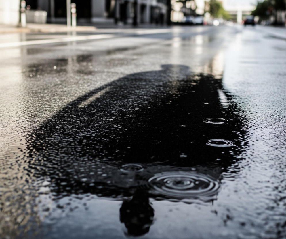 Mokra asfaltowa nawierzchnia ulicy, pokryta licznymi kałużami, zajmuje pierwszy plan obrazu. Po prawej stronie widać ciemny, rozmyty cień sylwetki, a w wodzie odbija się światło, tworząc jasne refleksy. Na powierzchni kałuż widoczne są kręgi rozchodzące się od kilku kropel deszczu, szczególnie wyraźne w dolnej części obrazu. W tle, częściowo rozmyte, majaczą zarysy budynków i drzew.