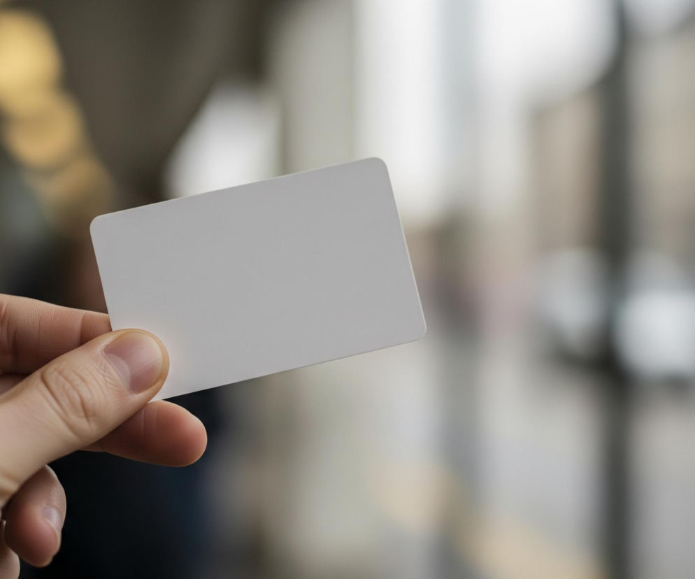 Lewa dłoń o jasnej karnacji, skierowana delikatnie w prawo, trzyma poziomo białą, prostokątną kartę z zaokrąglonymi rogami, zajmując centralną część kadru. Karta jest gładka i pozbawiona jakichkolwiek napisów czy wzorów. Tło jest całkowicie rozmyte, z widocznymi jasnymi plamami światła po lewej stronie i jaśniejszymi, pionowymi obszarami po prawej, sugerującymi miejski krajobraz.