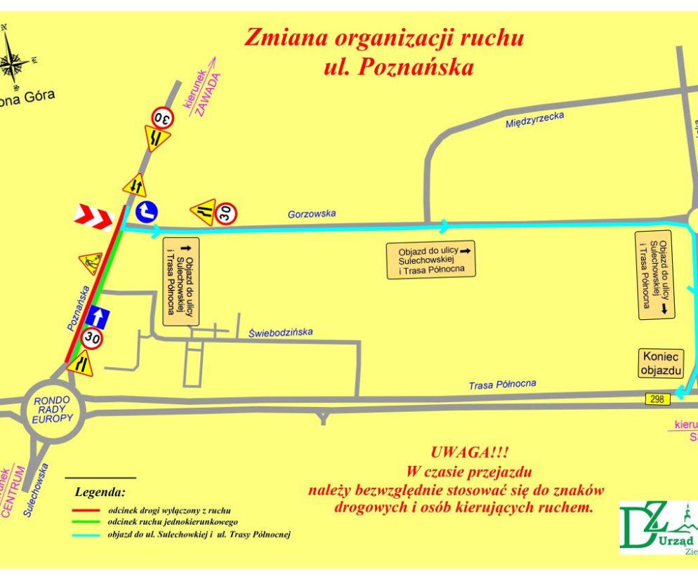 Mapa prezentująca zmiany w organizacji ruchu na ul. Poznańskiej w Zielonej Górze, pokazująca objazd ulicami Gorzowską, Kostrzyńską i Trasą Północną. Szczegóły dotyczące objazdów i terminów prac modernizacyjnych znajdziesz na naszym portalu.