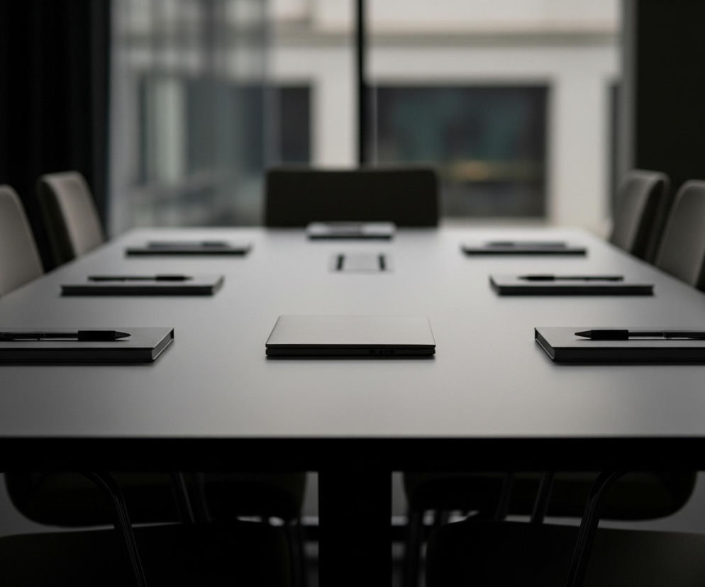 Wydłużony, ciemnoszary stół konferencyjny zajmuje centralną część pomieszczenia, wokół niego ustawione są fotele z jasnoszarymi obiciami. Na stole, w regularnych odstępach, leżą ciemne notatniki z długopisami ułożonymi na nich. W tle znajduje się duże okno, przez które widać niewyraźne, jasne budynki o szarej fasadzie. Całe pomieszczenie jest utrzymane w stonowanej, niemal monochromatycznej kolorystyce szarości, z niewielkimi akcentami czerni.