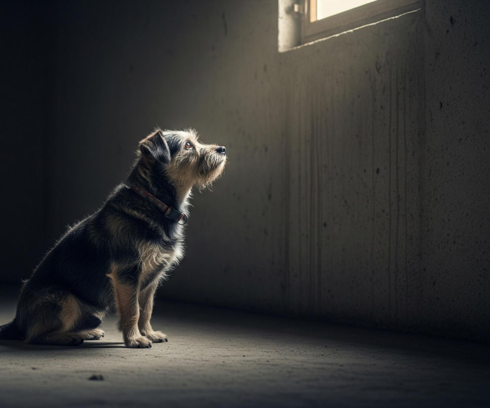 Siedzący pies z szaro-czarną, kudłatą sierścią, z jasnym pyskiem i brodą, patrzy w górę w stronę prostokątnego okna w prawym górnym rogu. Ma czerwoną obrożę z metalowym kółkiem. Scena rozgrywa się w ciemnym pomieszczeniu o betonowych ścianach i podłodze, gdzie światło z okna oświetla prawą część obrazu, tworząc kontrastowe cienie po lewej stronie.