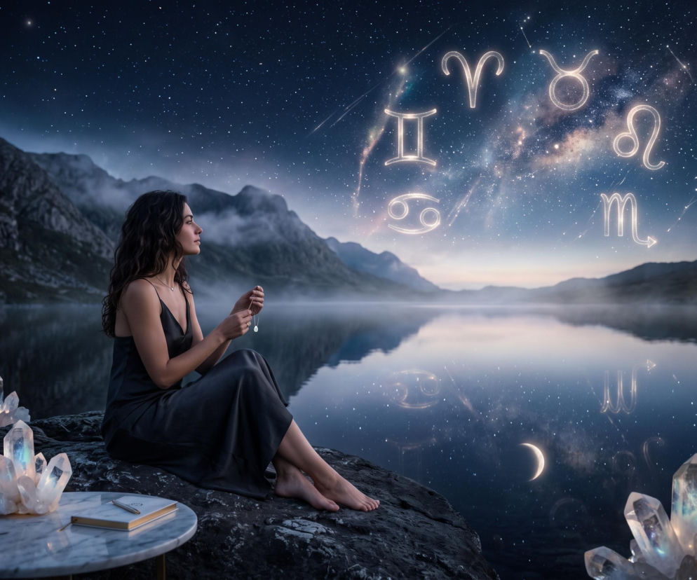 Kobieta siedząca nad brzegiem jeziora pod gwieździstym niebem z symbolami zodiaku. O horoskopie przeczytasz na SE.