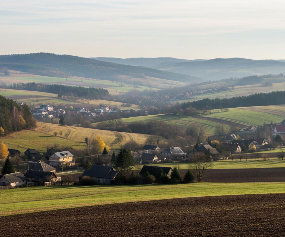 Szeroki kadr przedstawia jesienny krajobraz wzgórz i dolin. Na pierwszym planie, w dolnej części obrazu, widnieje ciemnobrązowe, zaorane pole, sąsiadujące z pasem jasnozielonej trawy. Dalej w głąb obrazu, liczne domy z ciemnymi dachami rozciągają się wzdłuż zbocza wzgórza po prawej stronie, a także zgrupowane są w dolinie po lewej, otoczone zielonymi i brązowymi polami oraz pasami lasów iglastych. W tle, kolejne rzędy zalesionych wzgórz zanikają w lekkiej mgiełce, a nad nimi rozciąga się jasne, zachmurzone niebo.