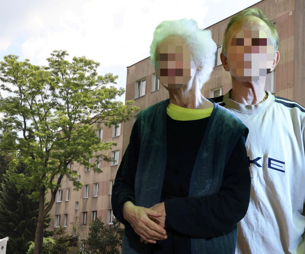 Rodzice więzionej Magdaleny z zamazanymi twarzami na tle bloku. O śledztwie w Krakowie przeczytasz na SE.