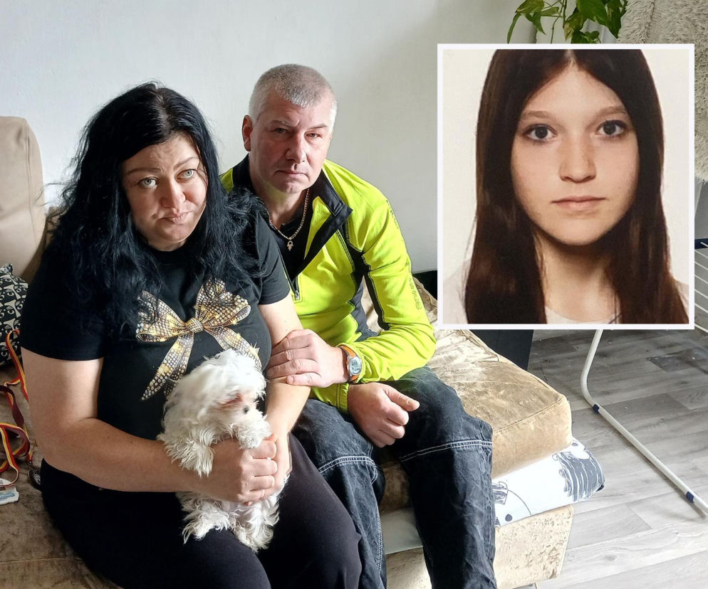 Zatroskani rodzice Roksany z psem. Obok wstawka ze zdjęciem nastolatki. O poszukiwaniach przeczytasz na Eska Warszawa.