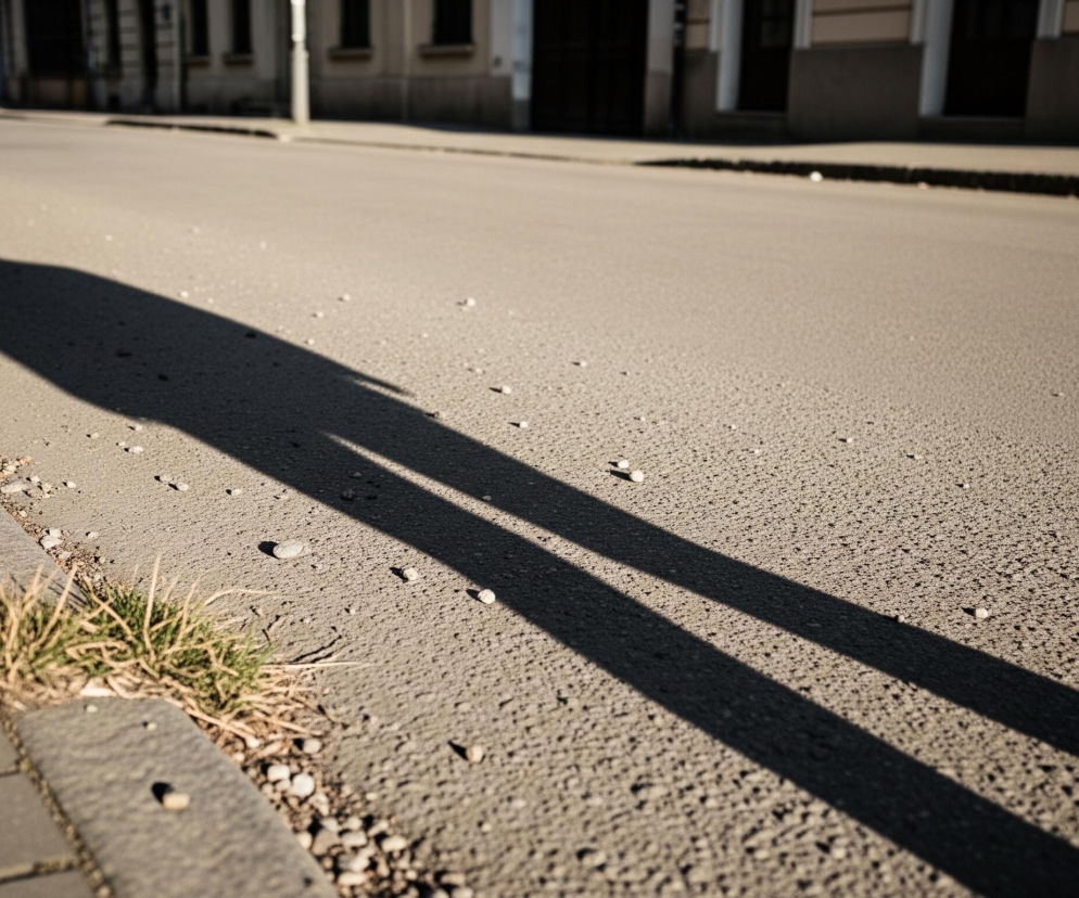 Ciemny cień osoby widać rzucony na jasną, piaszczystą drogę, biegnący od lewej strony kadru w prawo, z dłuższą częścią cienia rozciągającą się w kierunku prawej krawędzi zdjęcia. Droga ma szary, ziarnisty asfalt, na którym rozsypane są drobne kamyczki. Po lewej stronie drogi znajduje się chodnik z szarych, prostokątnych płyt chodnikowych, a między chodnikiem a jezdnią rosną kępki zielonej, suchej trawy. W tle, po obu stronach drogi, widać rozmyte budynki.