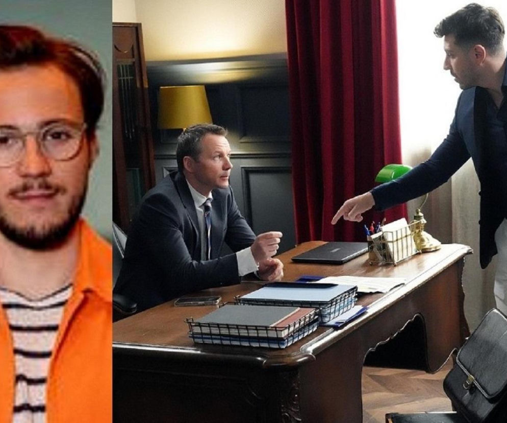 Portret Kajtka (Jakub Dmochowski) oraz scena z serialu Barwy szczęścia, gdzie Justin (Jasper Sołtysiewicz) w białych spodniach i granatowej marynarce wskazuje palcem, rozmawiając z Brunem (Lesław Żurek) siedzącym za biurkiem. Więcej o ich losach znajdziesz na Super Seriale.