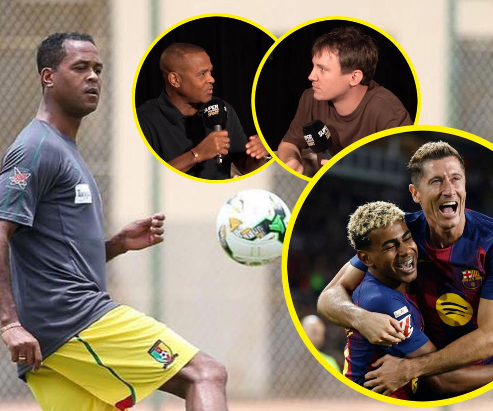 Patrick Kluivert w stroju sportowym kopie piłkę. Na miniaturach obok wywiad z piłkarzem i Robert Lewandowski w barwach Barcelony. Więcej na Eska.