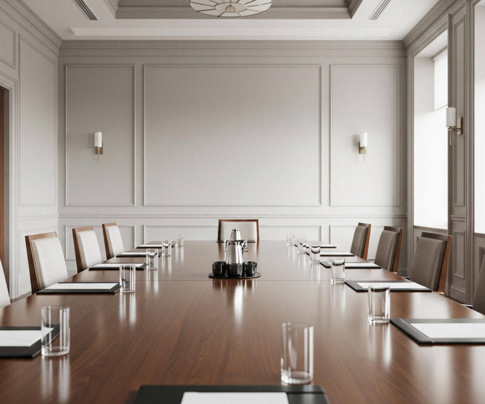 Długi, polerowany, drewniany stół konferencyjny dominuje w centralnej części eleganckiego pomieszczenia, otoczony krzesłami z kremowym i brązowym tapicerowanym oparciem. Na stole, co kilka miejsc, ustawione są szklanki i czarne podkładki z białymi kartkami, a w centralnym punkcie znajduje się zestaw do kawy lub herbaty składający się z metalowego dzbanka i kilku czarnych filiżanek na tacy. Jasnoszare ściany ozdobione są boazerią i listwami, z dwojgiem brązowych, drewnianych drzwi po lewej stronie oraz wysokimi oknami z jasnymi roletami po prawej, pomiędzy którymi umieszczone są złote kinkiety z białymi abażurami. Na suficie, również w jasnoszarym odcieniu, widoczne są ozdobne kasetony i okrągły żyrandol w centralnej części.