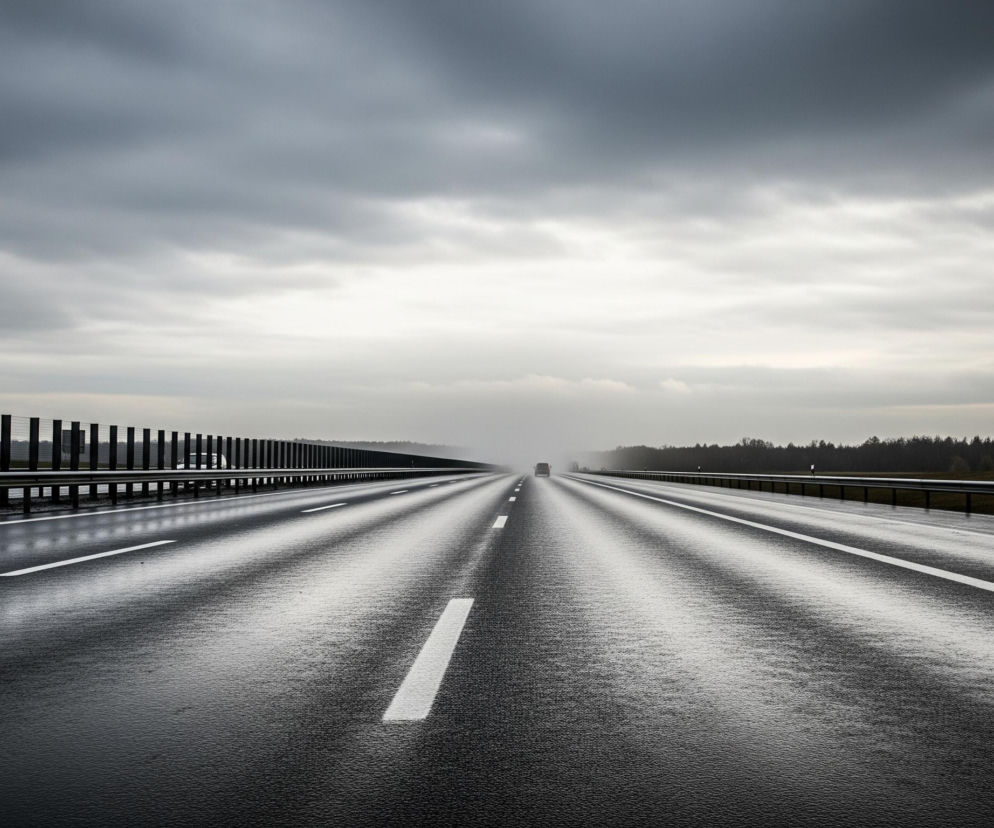 Asfaltowa autostrada w perspektywie, prowadząca w stronę horyzontu, dominuje w kadrze. Nawierzchnia drogi jest mokra i odbija światło, tworząc lśniące smugi. Dwa pasy ruchu w każdym kierunku są oddzielone białymi, przerywanymi liniami, które zbiegają się w oddali, gdzie widać niewyraźne sylwetki dwóch samochodów. Po lewej stronie autostrady znajduje się długa bariera dźwiękochłonna wykonana z metalowej siatki i ciemnych słupów, a po prawej stronie metalowa barierka ochronna z białym i czerwonym pachołkiem odblaskowym. Horyzont tworzy ciemny pas drzew, a ponad nim rozciąga się zachmurzone niebo, przechodzące od ciemnoszarego na górze do jaśniejszego, białego odcienia w kierunku horyzontu.