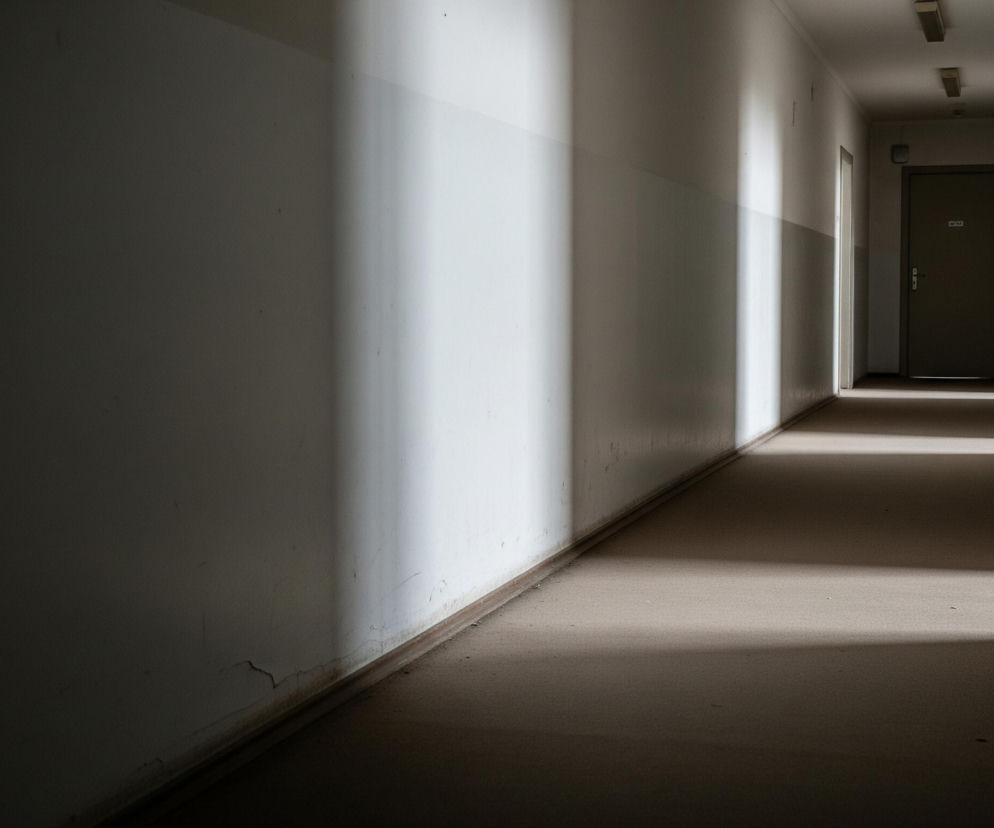 Długi korytarz, oświetlony naturalnym światłem wpadającym przez niewidoczne okna, ukazuje kontrastujące pasy cienia i jasności na białych ścianach oraz szarej podłodze. Na lewej ścianie widać trzy wyraźne, pionowe słupy światła, podczas gdy większość ściany i lewa część podłogi pozostają w głębokim cieniu. W oddali, po prawej stronie, widoczne są zamknięte drzwi w kolorze brązowo-szarym, z widocznym numerem 2002 na tabliczce, oraz mniejsze drzwi otwarte częściowo, tworzące jaśniejszy obszar. Na suficie korytarza widoczne są trzy prostokątne lampy fluorescencyjne oraz prostokątny czujnik dymu.