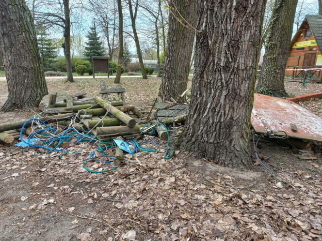 Rozbiórka Parku Linowego Tarzan w Parku Tysiąclecia w Lesznie