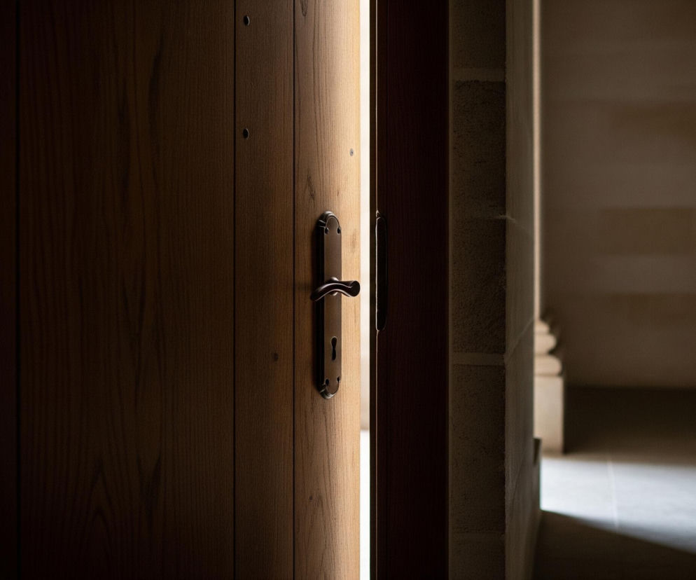Otworzone, drewniane drzwi z ciemnym, metalowym uchwytem i otworem na klucz dominują po lewej stronie, lekko odsłaniając jasne światło pionowo padające ze szczeliny po prawej krawędzi. Zza drzwi widać fragment ciemnego, beżowego muru z teksturą i dalszą przestrzeń, również słabo oświetloną, z widocznymi filarami lub kolumnami i płytkami podłogowymi. Lewa część drzwi jest w głębokim cieniu, natomiast prawa jest delikatnie oświetlona, co podkreśla usłojenie drewna.