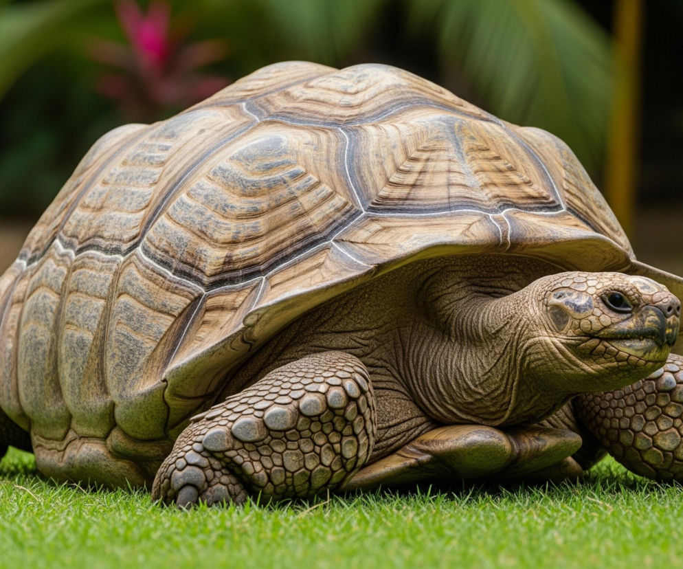 Duży żółw z jasnobrązową skorupą z ciemniejszymi, nieregularnymi wzorami, znajduje się na trawiastym podłożu, lekko zwrócony w prawo. Jego głowa i przednie łapy, pokryte łuskami, wystają spod pancerza, a oczy są ciemne i błyszczące. Zielona, równo przycięta trawa dominuje na pierwszym planie, podczas gdy tło jest rozmyte, ukazując zarysy roślinności i drzew.