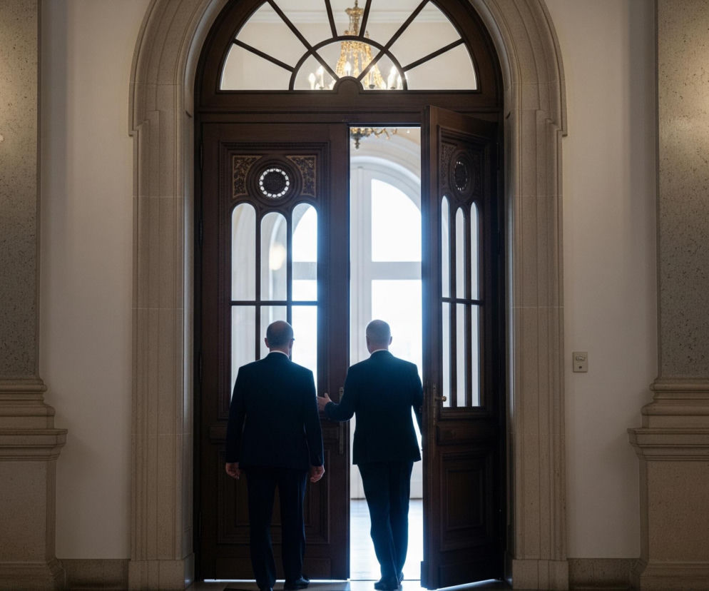 Dwóch mężczyzn w ciemnych garniturach stoi tyłem do obserwatora, wchodząc przez wysokie, ciemne, dwuskrzydłowe drzwi z bogato zdobioną górną częścią i łukowatym nadświetlem, wypełnionym światłem z zewnątrz. Po obu stronach drzwi stoją symetrycznie wysokie, ozdobne lampy w kolorze złoto-czarnym z kulistymi, świecącymi żarówkami, emitującymi ciepłe, białe światło. Ściany są jasne, a filary po bokach drzwi mają rzeźbione detale, dodając przestrzeni monumentalnego charakteru.