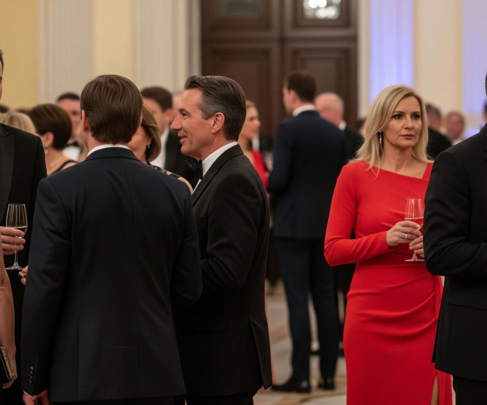 Duża grupa elegancko ubranych ludzi stoi i rozmawia w przestronnej sali. W centrum kadru mężczyzna w czarnym smokingu i muszce uśmiecha się, patrząc w prawo, a obok niego, po prawej stronie, kobieta w dopasowanej czerwonej sukni z długimi rękawami trzyma kieliszek z przezroczystym napojem. Na pierwszym planie, z lewej strony, widać plecy kobiety w czarnej sukience bez rękawów, trzymającej w prawej ręce małą, złotą torebkę, a obok niej, częściowo zasłonięty, stoi mężczyzna w czarnym garniturze z kieliszkiem w dłoni. Tło jest rozmyte, ukazując więcej osób w formalnych strojach, kremowe ściany sali z panelami oraz filary, a także ciemne drewniane drzwi i wnęki z delikatnym, fioletowym oświetleniem.