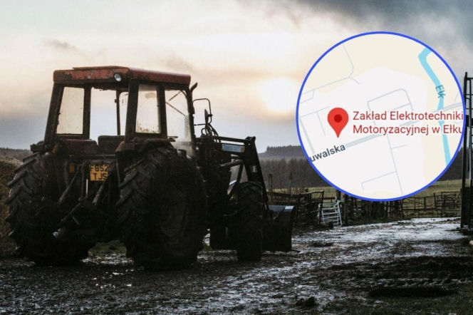 Stary, zardzewiały traktor na tle zachodzącego słońca, symbolizujący upadek 80-letniej firmy. W prawym górnym rogu mapa z pinezką wskazującą lokalizację Zakładu Elektrotechniki Motoryzacyjnej w Ełku. O masowych zwolnieniach przeczytasz na Super Biznes.