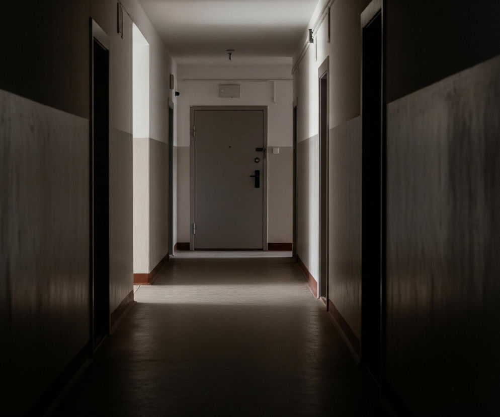 Wąski korytarz ukazuje serię szarych drzwi po obu stronach, prowadzących do jasnoszarej ściany na końcu. Dolna część ścian bocznych i sufitu jest ciemniejsza niż górna, która jest biała. Na podłodze widoczne jest wyraźne odbicie światła, tworzące długi prostokątny kształt, rozciągający się od środka obrazu w głąb korytarza.