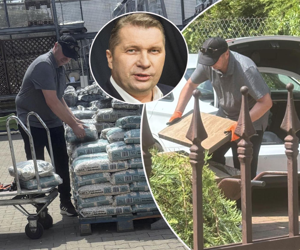 Przemysław Czarnek ładuje worki i płyty chodnikowe do auta. Na miniaturze portret posła. O pracach pisze SE Polityka.