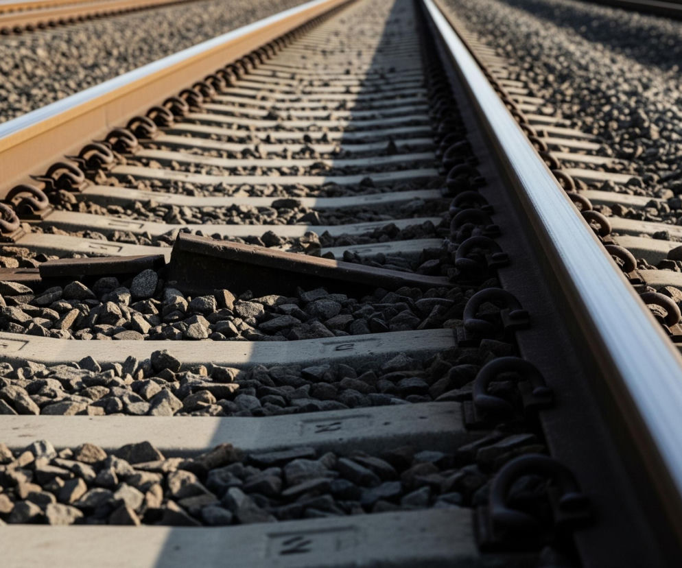 Zbliżenie na torowisko kolejowe biegnące prosto w dal, z trzema widocznymi torami. Główne tory znajdują się na pierwszym planie, z boku po prawej, ukazując metalowe szyny o rdzawym kolorze, z wyjątkiem górnej części, która jest błyszcząca i srebrna. Szyny są zamocowane do betonowych podkładów za pomocą metalowych, zakrzywionych elementów, a pomiędzy podkładami rozsypany jest żwir. Słońce rzuca długie cienie na podkłady i żwir, tworząc kontrast między jasnymi i ciemnymi obszarami.