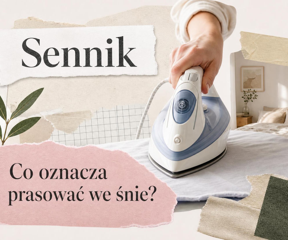 Ręka osoby prasującej białą tkaninę żelazkiem na tle kolażu. O znaczeniu snu o prasowaniu przeczytasz na SE.