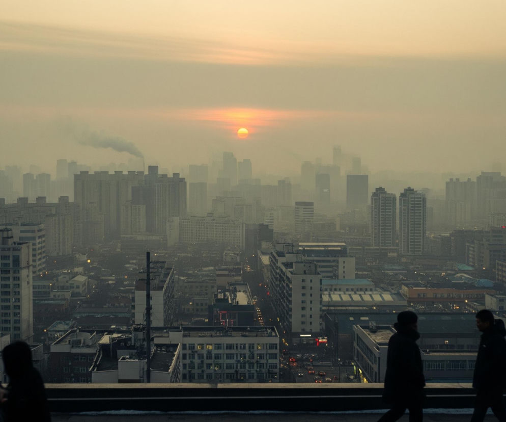 Panorama miasta o zachodzie słońca, z widoczną pomarańczową kulą słońca pośrodku kadru, częściowo przesłoniętą warstwą dymu lub smogu. Na horyzoncie rysują się niezliczone, szare sylwetki wieżowców, zanikające w gęstej, żółtawo-szarej mgle. Po lewej stronie kadru, na tle mglistego nieba, widać smugę białego dymu unoszącą się z komina.

Na pierwszym planie, w dolnej części obrazu, widoczny jest ciemny, poziomy pas balustrady lub krawędzi budynku, na którym stoją dwie niewyraźne, ciemne sylwetki ludzi, idących w prawo. Ich kształty są rozmazane i stanowią kontrast dla rozświetlonego słońcem nieba i zamglonego miasta. Pod balustradą rozciąga się miejska zabudowa, z licznymi budynkami o różnych wysokościach i kształtach, a na ulicach widać światła samochodów.