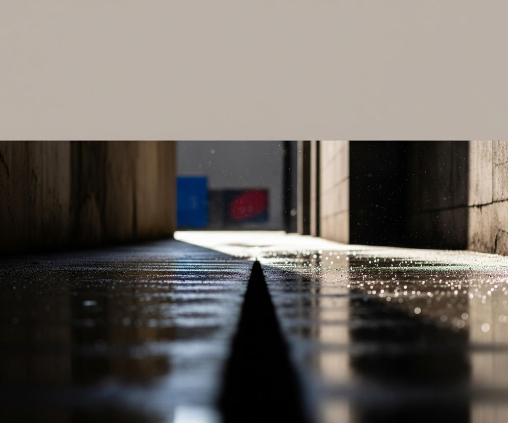 Ujęcie z niskiej perspektywy przedstawia długie, ciemne przejście lub tunel, którego betonowe ściany i podłoga wydają się być wilgotne lub mokre. Na podłodze widoczne są liczne, drobne krople wody, które odbijają światło, tworząc efekt bokeh. Głęboki cień w kształcie trójkąta rozciąga się od dołu kadru, dominując dolną część, a na dalszym planie, w jasnej przestrzeni między ciemnymi ścianami, zarysowują się niewyraźne, kolorowe kształty w odcieniach niebieskiego i czerwonego, prawdopodobnie graffiti lub inne obiekty. Górna część obrazu to jednolita, jasnoszara płaszczyzna, która może być sufitem lub po prostu pustym tłem, odcinając się od reszty sceny.