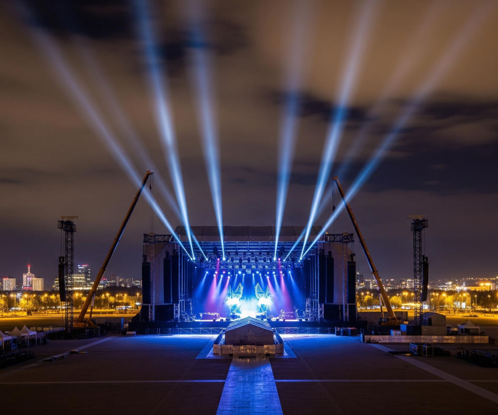 Centralnym punktem obrazu jest duża, oświetlona scena koncertowa, dominująca w kadrze, z której w niebo skierowane są mocne, białe i niebieskie snopy światła. Scena otoczona jest po bokach wysokimi konstrukcjami kratownicowymi, wspierającymi głośniki i dodatkowe oświetlenie. Przed sceną rozciąga się pusta, wybrukowana przestrzeń, która przechodzi w dużą, otwartą przestrzeń w kierunku horyzontu, oświetloną przez liczne lampy uliczne i dalsze budynki miejskie z rozproszonymi światłami. Nocne niebo nad sceną jest zachmurzone, z widocznymi smugami błękitnego światła reflektorów.