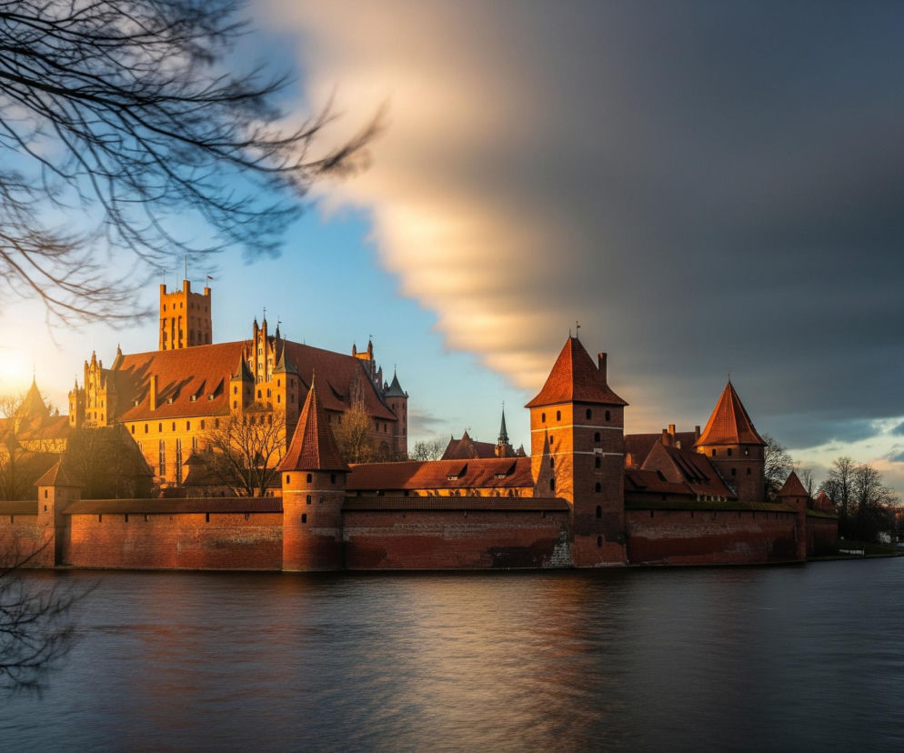 Wielki ceglany kompleks zamkowy rozciąga się wzdłuż brzegu ciemnej, spokojnej wody, dominując krajobraz. Złote światło słoneczne, emanujące z lewej strony, oświetla mury, wieże i dachy zamku, tworząc mocne kontrasty z głębokimi cieniami. Niebo nad zamkiem jest rozdzielone na jasny, błękitny obszar z promieniami słońca po lewej i ciemniejsze, burzowe chmury po prawej stronie. Na pierwszym planie, w lewym górnym rogu, widoczne są gałęzie drzew bez liści, częściowo zasłaniające widok.