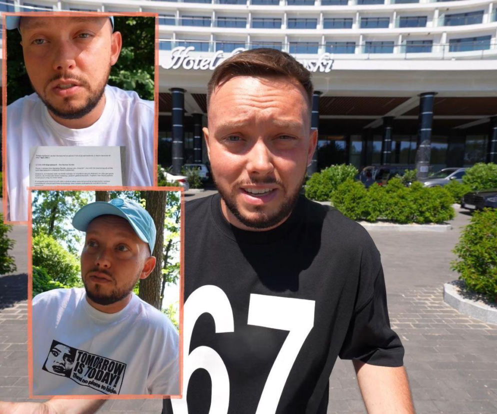 Książulo przed hotelem Gołębiewski. Obok miniatury z dokumentem i influencerem. O aferze przeczytasz na SE.