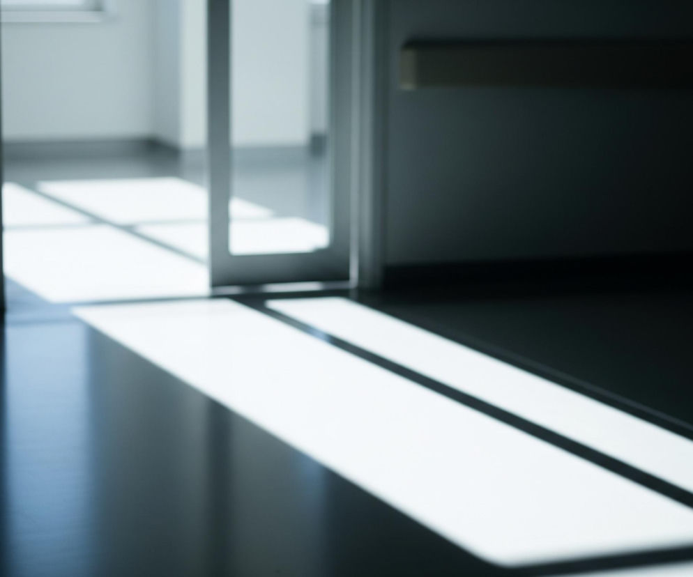 Ciemne wnętrze pomieszczenia z jasnym światłem wpadającym przez drzwi i okna w tle. Na podłodze widoczne są długie, prostokątne pasy światła i cienia, tworzące geometryczny wzór. Ściany są ciemnoszare, a podłoga również ma ciemny odcień, odbijając nieco światło. Po obu stronach widoczne są poziome, prostokątne elementy mocno zacienione.