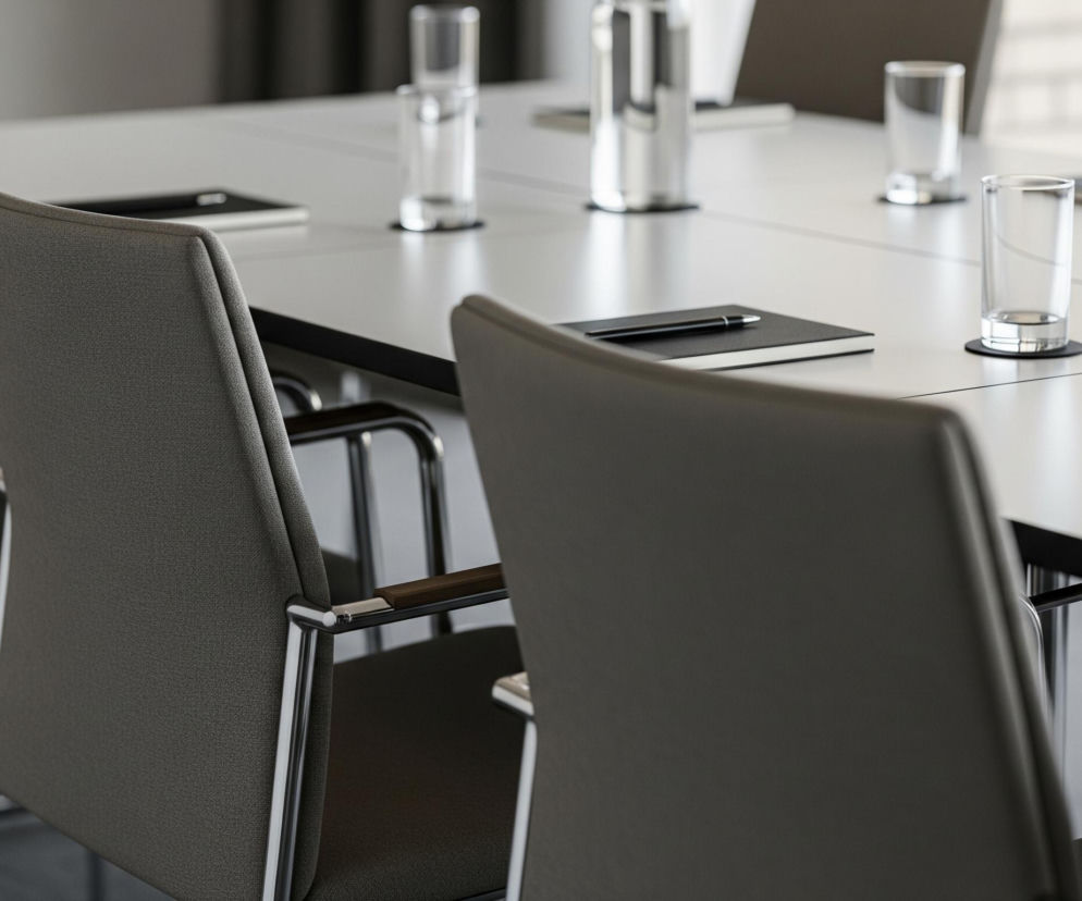 Na pierwszym planie widoczne są dwa szare, tapicerowane krzesła z metalowymi ramami, z drewnianymi wstawkami na podłokietnikach, z czego jedno jest częściowo ukryte przez drugie. Dalej znajduje się duży, prostokątny stół konferencyjny o białym blacie z widocznymi czterema szklankami z niewielką ilością wody, trzema czarnymi notesami z leżącymi na nich długopisami oraz dwoma telefonami komórkowymi. W tle, częściowo rozmyte, widoczne są kolejne krzesła i fragment wnętrza pomieszczenia biurowego.