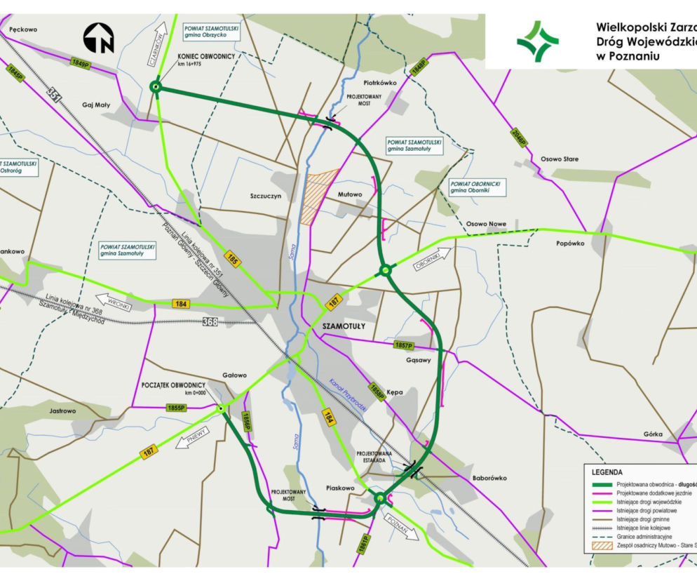 Mapa z przebiegiem planowanej obwodnicy Szamotuł. O szczegółach tej kluczowej inwestycji przeczytasz na Muratorplus.