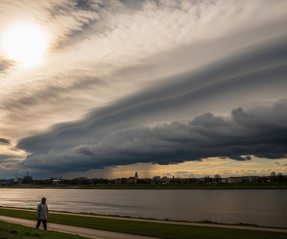 Osoba ubrana w szarą kurtkę z kapturem i ciemne spodnie idzie ścieżką obok rzeki, na tle miejskiego krajobrazu. Na pierwszym planie widać zielony trawiasty brzeg rzeki oraz jasnobrązową ścieżkę. Rzeka zajmuje środkową część kadru, a jej powierzchnia częściowo odbija światło, tworząc refleksy. Po przeciwnej stronie rzeki rozciąga się pas zabudowań z widocznymi kilkoma wieżami kościołów oraz mostem po lewej stronie. Nad miastem i rzeką dominują warstwowe, ciemne chmury, które tworzą dramatyczny, pofalowany kształt, podczas gdy w lewym górnym rogu obrazu świeci jasne słońce, częściowo zasłonięte przez jaśniejsze chmury.