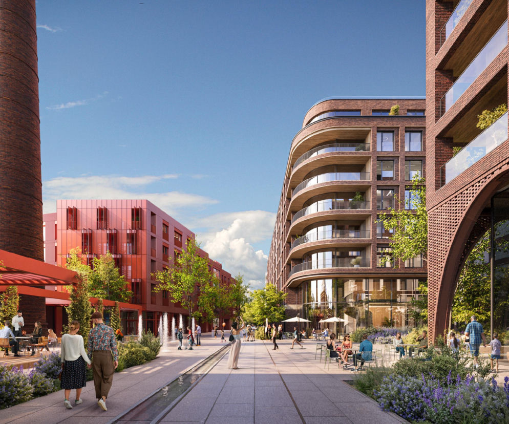 Wizualizacja osiedla Browary Tarnowskie z ceglanymi budynkami i kominem. O nowej inwestycji przeczytasz na Architektura.