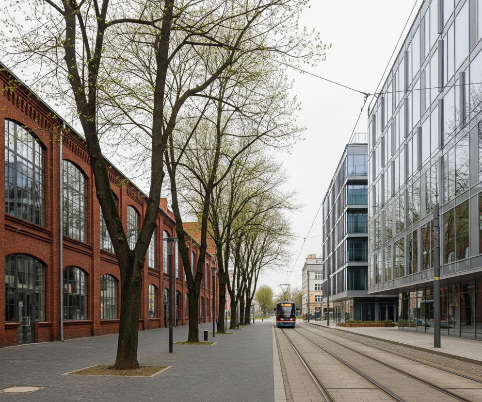 Scena ukazuje ulicę z budynkami i drzewami po obu stronach. Po lewej stronie znajduje się długi, ceglany budynek z licznymi, łukowatymi oknami, od którego odchodzi chodnik wyłożony szarą kostką brukową. Wzdłuż tego chodnika rośnie rząd drzew o jasnozielonych, młodych liściach, a pomiędzy nimi stoją ciemne latarnie uliczne. Po prawej stronie ulicy dominuje nowoczesny budynek ze szklaną fasadą, w której odbijają się okoliczne drzewa i fragmenty ceglanego budynku po przeciwnej stronie. Pomiędzy budynkami biegną podwójne tory tramwajowe, na których w oddali widoczny jest nadjeżdżający, niebieski tramwaj. Niebo jest jasne i zachmurzone.