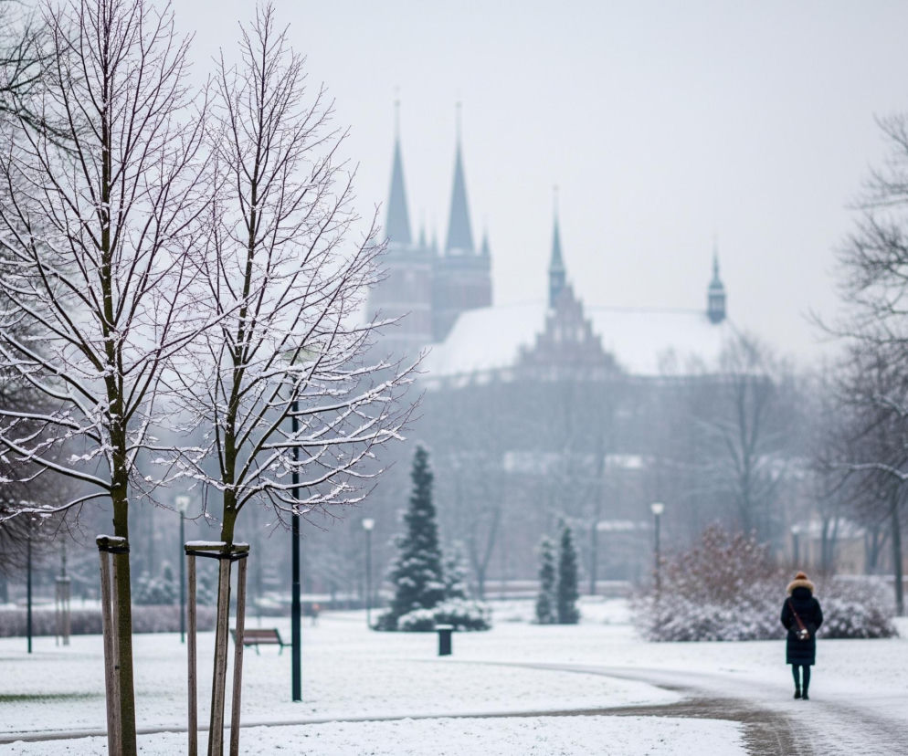 Kobieta w ciemnym płaszczu i beżowej czapce z pomponem idzie samotnie po zaśnieżonej, brukowanej ścieżce, która wijąc się, prowadzi przez park pokryty warstwą śniegu. Po obu stronach ścieżki rozciągają się obszary pokryte białym puchem, a gdzieniegdzie widać ciemną zieleń traw. W tle dominuje rozmyta sylwetka kościoła z wieloma iglicami, którego dachy również są pokryte śniegiem, wtopiona w szare, mgliste tło. Po lewej stronie pierwszego planu, stoją dwa młode drzewa z nagimi gałęziami, lekko oprószone śniegiem, wsparte drewnianymi palikami, a za nimi widać szereg innych bezlistnych drzew.