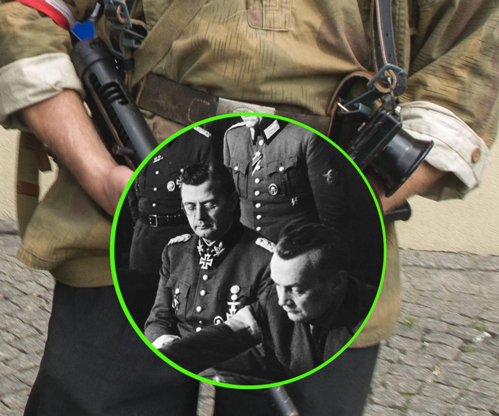 Powstaniec w mundurze z biało-czerwoną opaską. Na miniaturze podpisanie kapitulacji. Czytaj w SE Portal Obronny.