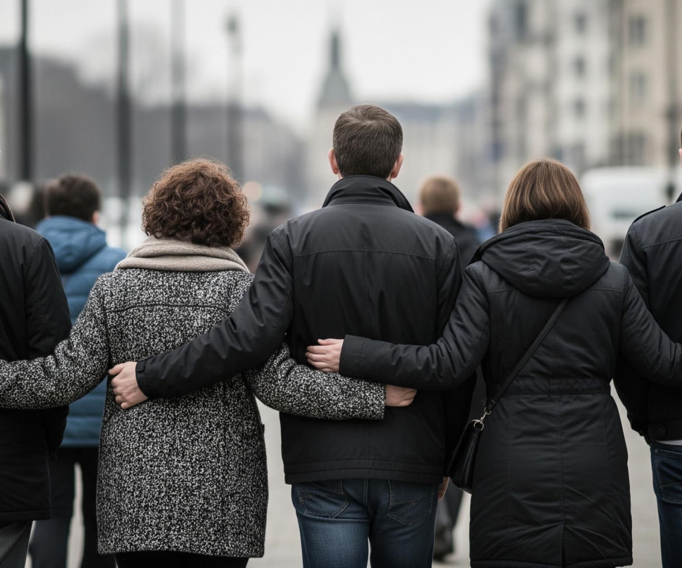 Grupa sześciu osób idzie ulicą, widocznych od tyłu, trzymając się pod ręce. Trzech mężczyzn i trzy kobiety ubrani są w kurtki, głównie w ciemnych barwach, a w tle rozmyte są miejskie budynki. Po lewej stronie mężczyzna w czarnej kurtce z szarymi włosami i szalikiem, obok niego kobieta z kręconymi, brązowymi włosami, w czarno-białej tweedowej kurtce i beżowym szaliku. Dalej w prawo widać mężczyznę w czarnej kurtce, kolejną kobietę w czarnej kurtce z długimi brązowymi włosami oraz drugiego mężczyznę w czarnej kurtce i dżinsach.