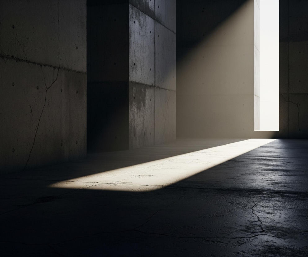 Wąskie, betonowe pomieszczenie jest oświetlone przez jasne światło wpadające z zewnątrz, tworząc ukośną smugę na podłodze. Ściany i podłoga są wykonane z surowego, szarego betonu, noszącego ślady nierówności i uszkodzeń, takich jak pęknięcia i drobne otwory. Prawa część pomieszczenia oraz dno kadru pozostają w głębokim cieniu, kontrastując z intensywną bielą źródła światła po prawej stronie.