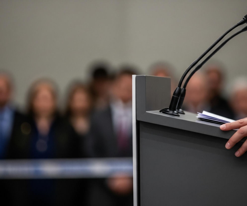 Na pierwszym planie, z prawej strony, stoi szare podium z dwoma czarnymi mikrofonami skierowanymi w lewo. Męska dłoń w ciemnym garniturze i białej koszuli spoczywa na górnej powierzchni podium, obok stosu białych papierów. Tło jest rozmyte, ukazując niewyraźne sylwetki ludzi oraz biało-niebieską wstęgę biegnącą poziomo.
