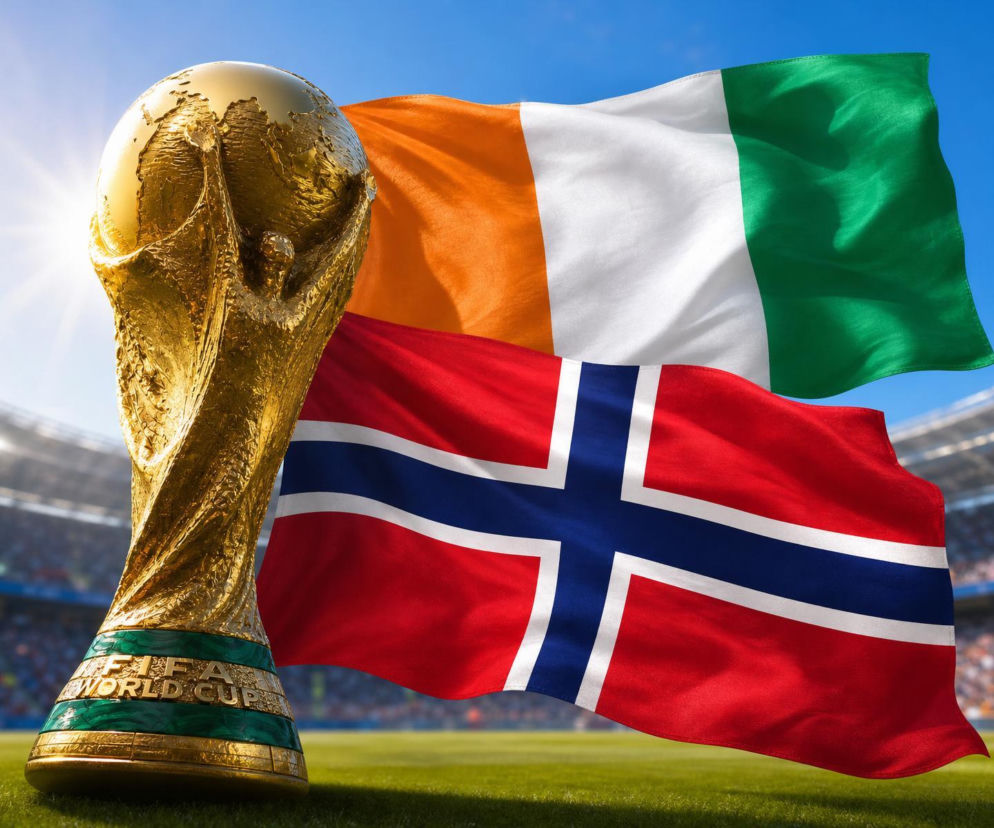 Złoty Puchar Świata FIFA na tle flag Wybrzeża Kości Słoniowej i Norwegii, symbolizujący emocje Mundialu 2026 i walkę o trofeum, w tle stadion sportowy. Aktualne wyniki i składy obu reprezentacji znajdziesz na naszym portalu.