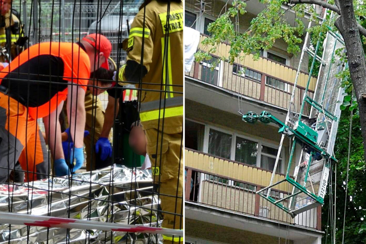 Horror na Woli. Pracownicy spadli z czwartego piętra. Winda budowlana zawisła na dwóch linach