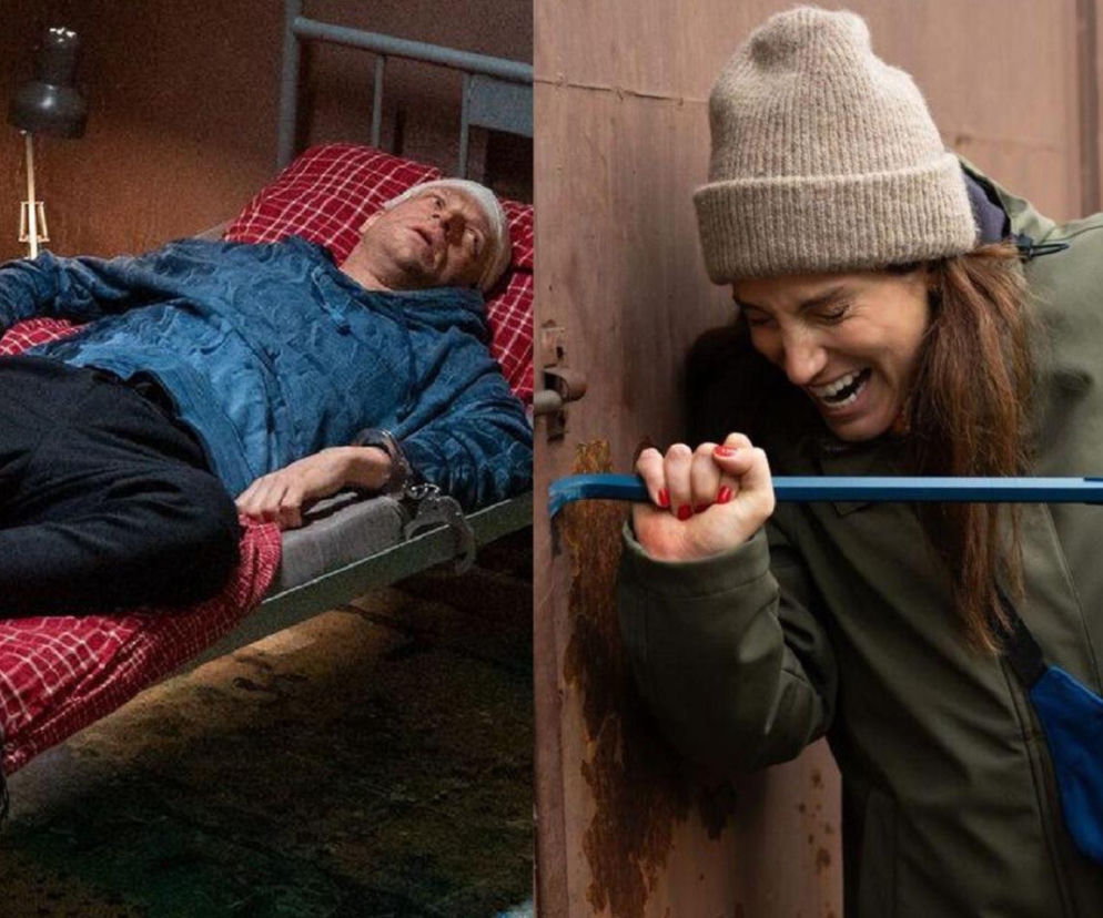 Dwa kadry: po lewej wycieńczony Łukasz (Michał Rolnicki) leżący na łóżku z kajdankami na rękach, z zabandażowaną głową, po prawej uśmiechnięta Celina (Orina Krajewska) w czapce i zielonej kurtce z niebieską nerką, siłująca się z łomem przy drzwiach. Więcej o tym na Super Seriale.