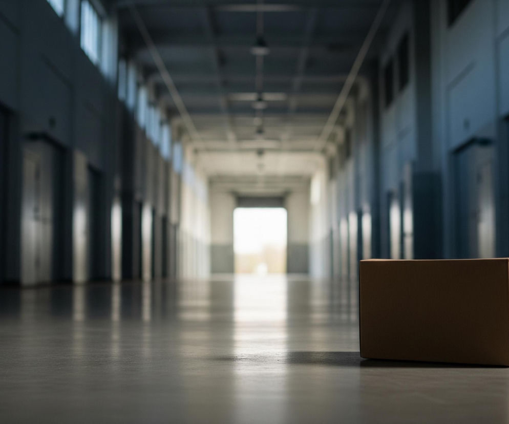 Na pierwszym planie, po prawej stronie, leży prostokątne, kartonowe pudełko w kolorze brązowym, zaklejone beżową taśmą. Pudełko rzuca wyraźny cień na ciemnoszarą, błyszczącą podłogę. Długa perspektywa ukazuje korytarz magazynu lub fabryki, z rzędami drzwi lub wnęk po obu stronach, które zlewają się w oddali. Na końcu korytarza widać jasne światło wpadające z otwartych wrót, tworzące silny kontrast z półmrokiem wnętrza.