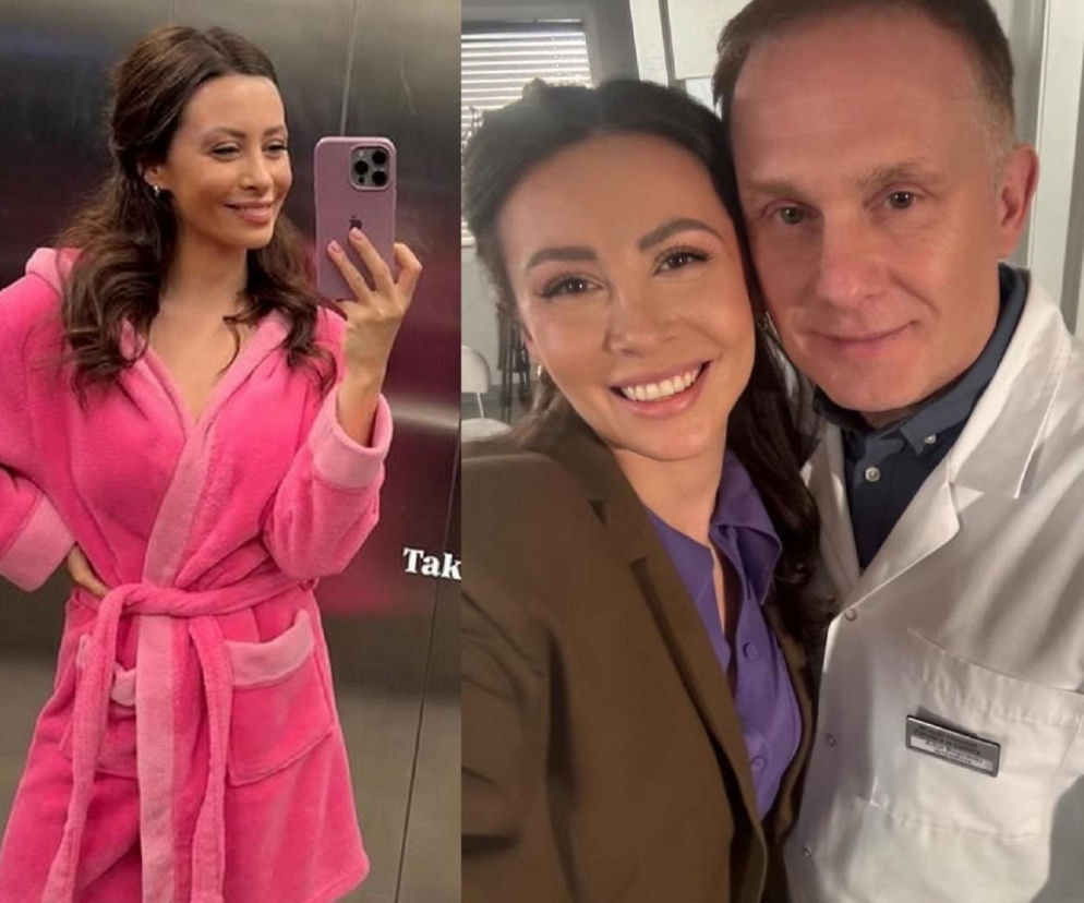 Dominika Sakowicz w różowym szlafroku robiąca selfie oraz uśmiechnięta w objęciach Roberta Moskwy w kitlu lekarskim, w scenach z serialu M jak miłość. Aktorka wciela się w postać Joanny, kochanki Artura, która w nowym sezonie M jak miłość po wakacjach będzie z nim w związku. Więcej na Super Seriale.