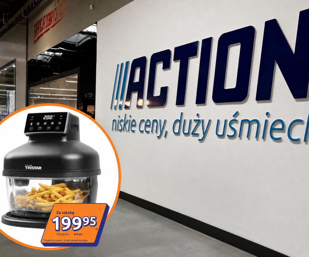 Sklep Action z logo. Na miniaturowym zdjęciu szklany airfryer z frytkami. O ofercie sieci przeczytasz na Eska.