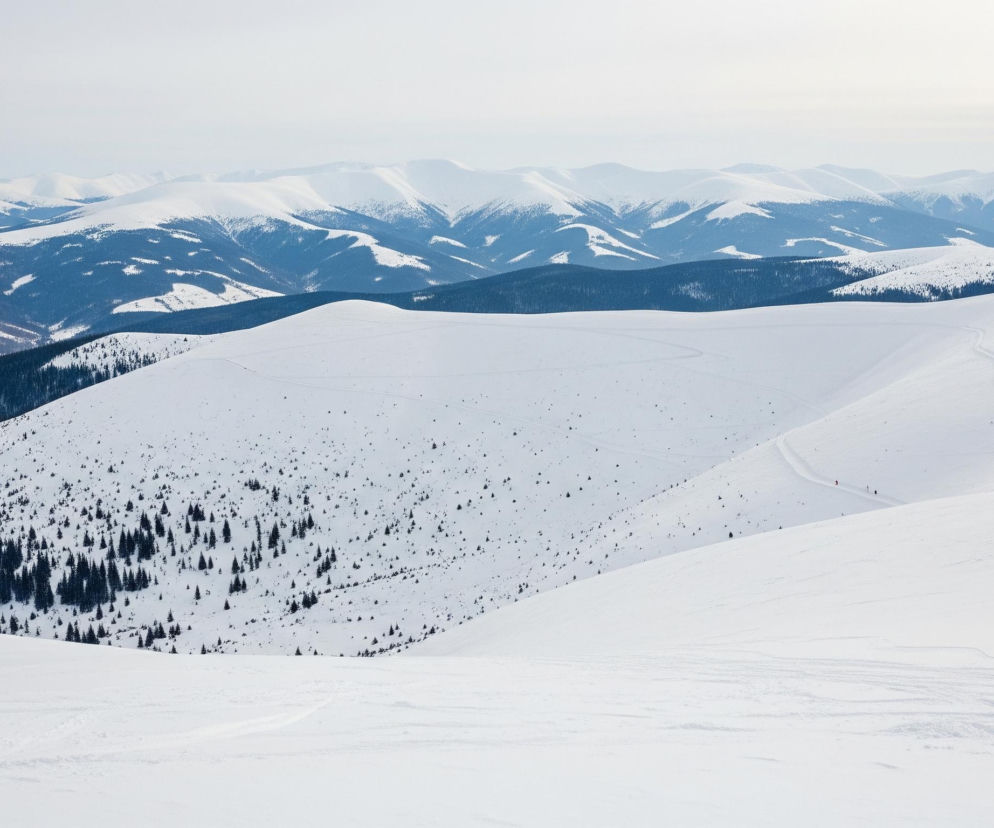 Rozległe, zimowe pasmo górskie rozciąga się pod bladym, jasnym niebem. Na pierwszym planie dominuje ośnieżony stok z nielicznymi, ciemnozielonymi drzewami rozrzuconymi po lewej stronie oraz widocznymi śladami po nartach i kilku słupami wyciągu krzesełkowego po prawej. Dalej, za ośnieżonymi grzbietami, widać liczne, zaśnieżone szczyty górskie, z których dolne partie są pokryte ciemnymi, gęstymi lasami iglastymi, tworząc kontrastujące, ciemnoniebieskie obszary. Cały krajobraz jest pokryty śniegiem, odcienie bieli i jasnego błękitu przeplatają się z głęboką zielenią lasów.