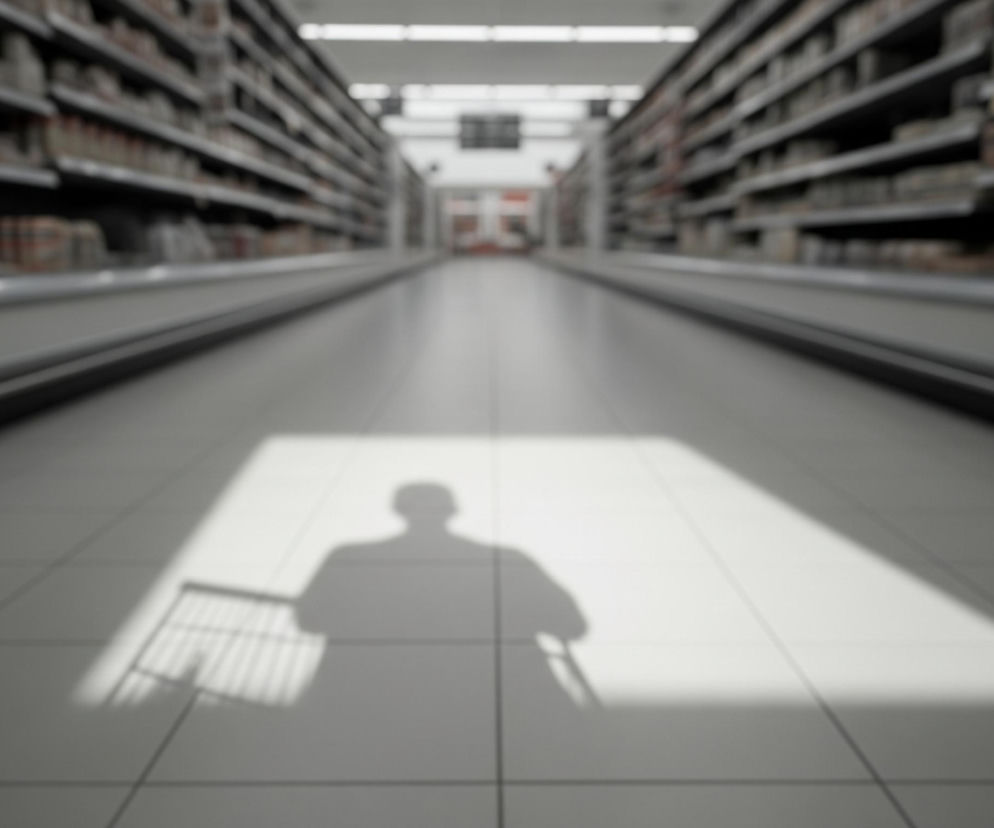 Na pierwszym planie widoczny jest długi, ciemny cień osoby pchającej wózek sklepowy, padający na jasną, kafelkową podłogę. Cień osoby ma zarys głowy i ramion, a cień wózka jest wyraźnie widoczny z lewej strony postaci. Podłoga składa się z dużych, jasnych kafelków z ciemnymi fugami, tworzących wzór siatki. Po obu stronach, w oddali, rozciągają się rzędy półek z produktami, są one rozmyte i niewyraźne, jednak można dostrzec ich ciemne ramiona i jasne, prostokątne opakowania. Perspektywa prowadzi wzrok w głąb korytarza, który jest symetryczny i dobrze oświetlony od góry.