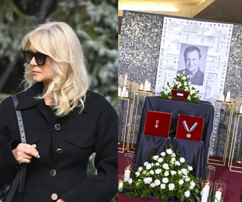 Grażyna Torbicka w czarnym płaszczu na pogrzebie Jana Frycza. Obok zdjęcie urny i medali aktora. Relacja na SE.